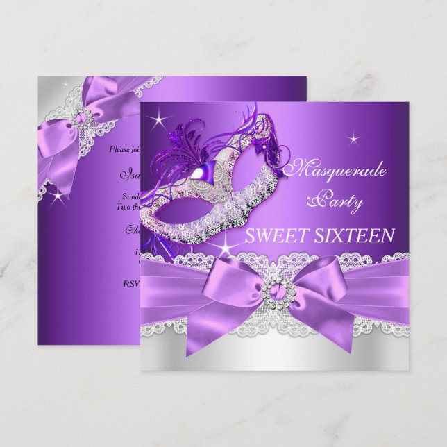 Purple Bow Masquerade Sweet Sixteen Invite (Front/Back)