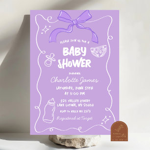 Purple Bow Quirky Illustrated Baby Shower Invitation