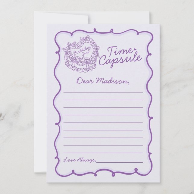 Purple Bow Retro Coquette Cake Time Capsule Card (Front)