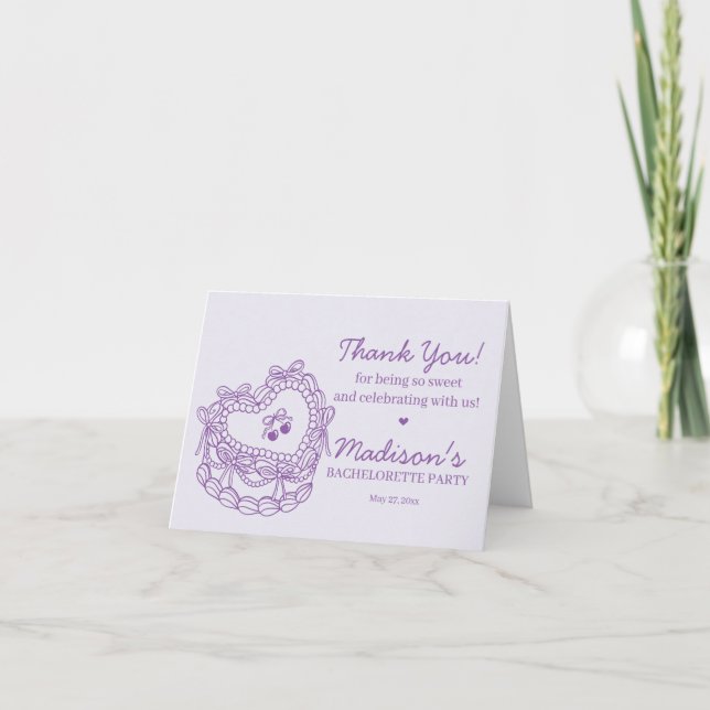 Purple Bow Retro Heart Coquette Cake Bachelorette Thank You Card (Front)