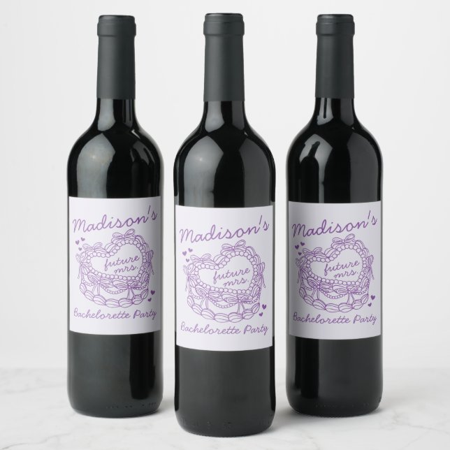 Purple Bow Retro Heart Coquette Cake Bachelorette Wine Label (Bottles)