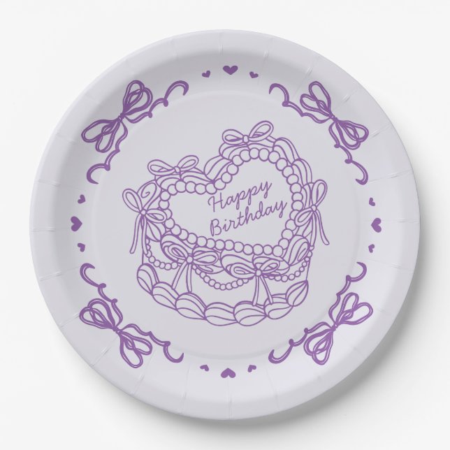 Purple Bow Retro Heart Coquette Cake Birthday Paper Plate (Front)