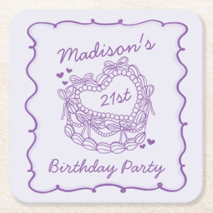 Purple Bow Retro Heart Coquette Cake Birthday Square Paper Coaster