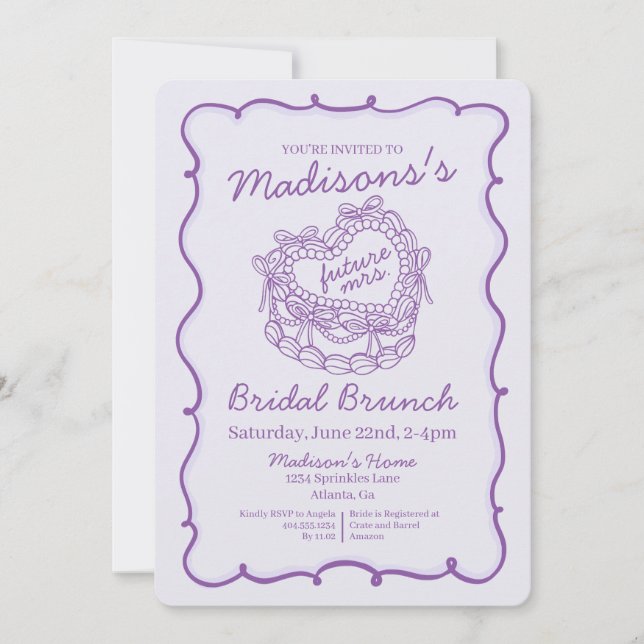 Purple Bow Retro Heart Coquette Cake Bridal Brunch Invitation (Front)