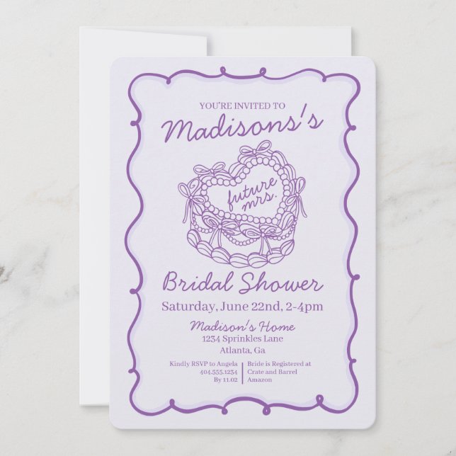 Purple Bow Retro Heart Coquette Cake Bridal Shower Invitation (Front)