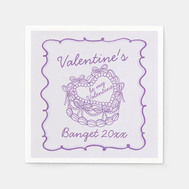 Purple Bow Retro Heart Coquette Cake Valentines Napkin (Front)