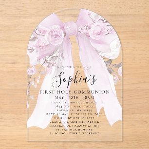 Purple Bow Rose Floral Girl First Communion Arch Acrylic Invitations