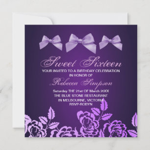 Purple Bow & Rose Sweet 16th Birthday Invitation