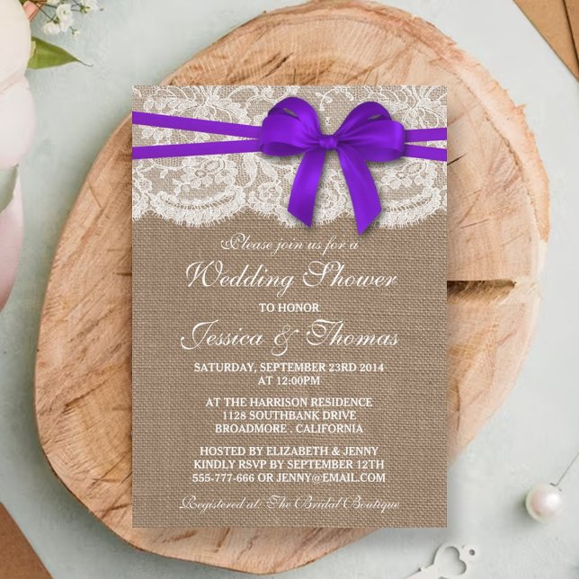 Purple Bow Rustic Burlap & Lace Wedding Shower Invitation (Creator Uploaded)