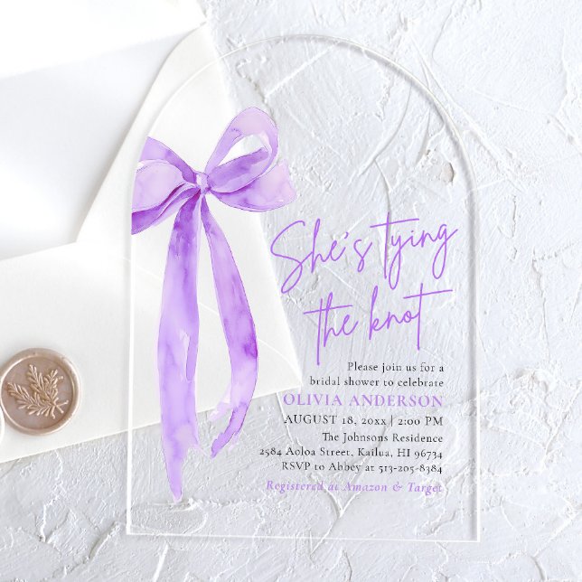 Purple Bow She's Tying the Knot Bridal Shower Acrylic Invitations (Creator Uploaded)