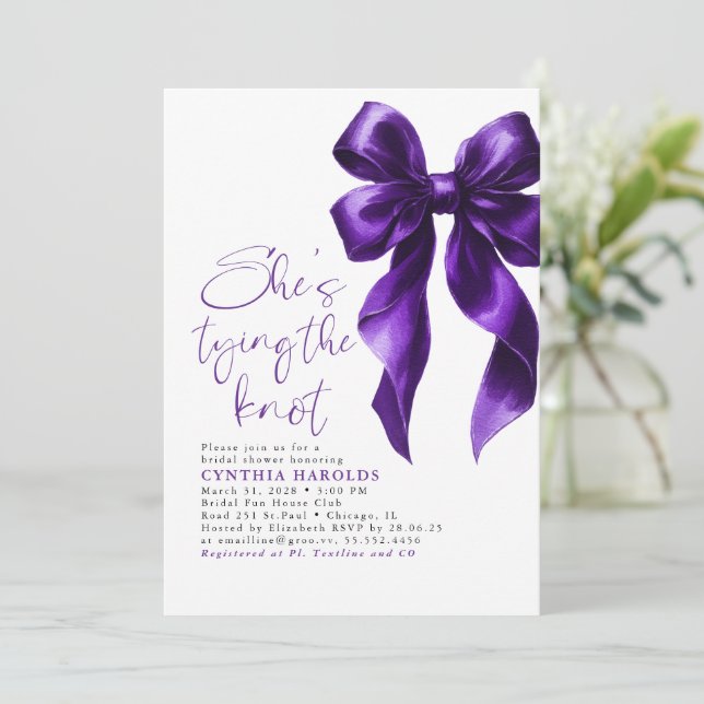 Purple Bow She's Tying the Knot Bridal Shower Invitation (Standing Front)