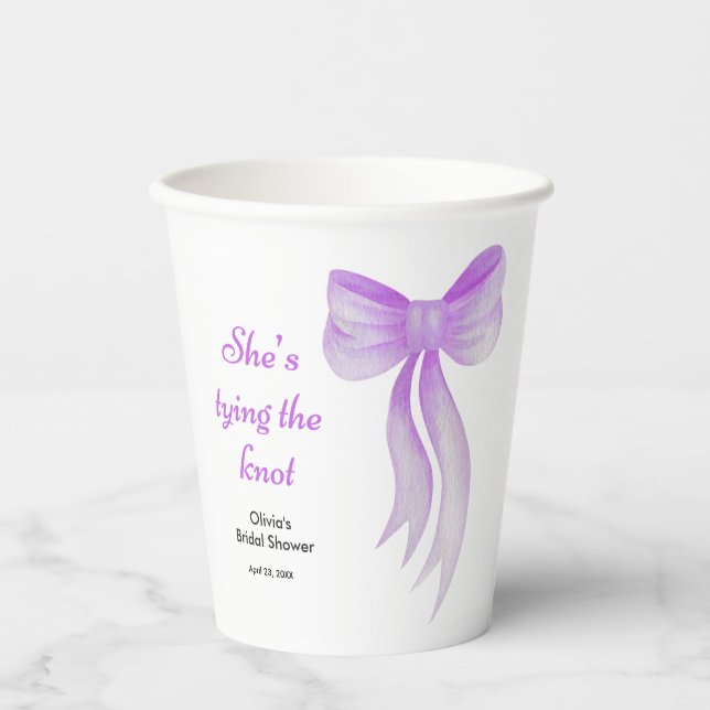 Purple Bow She's Tying the Knot Bridal Shower  Paper Cups (Front)