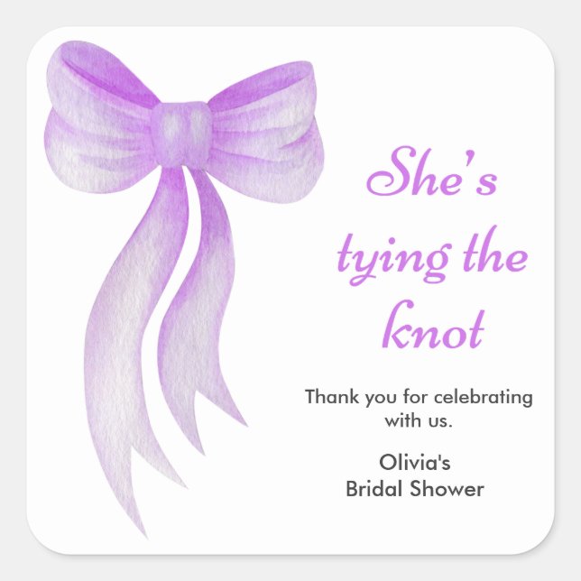 Purple Bow She's Tying the Knot Bridal Shower   Square Sticker (Front)