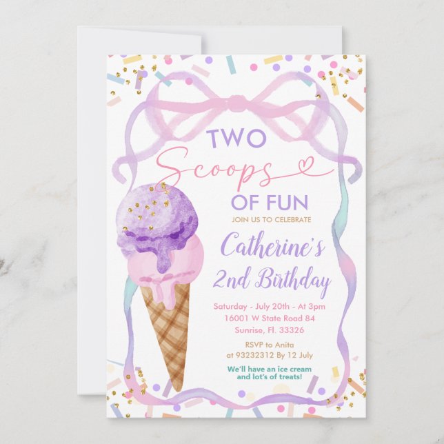 Purple Bow Two Scoops Of Fun Birthday Ice Cream Invitation (Front)
