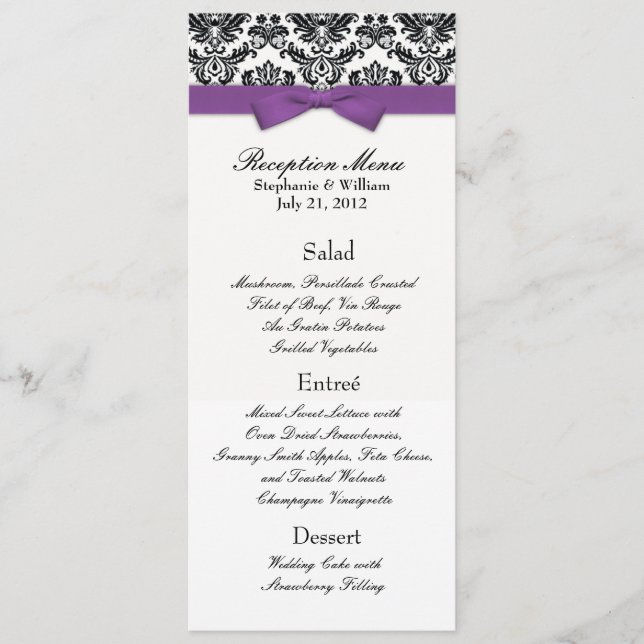 Purple Bow with Damask Wedding Reception Menu (Front)