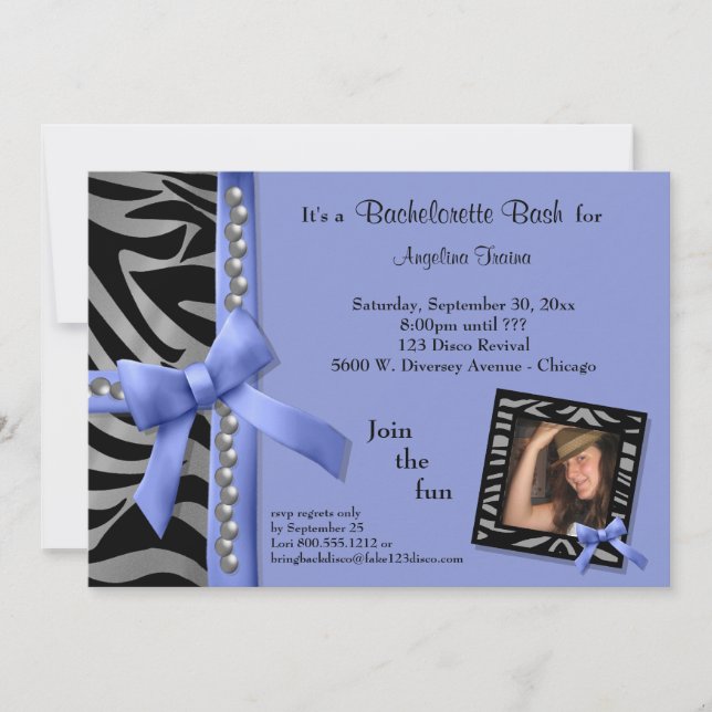 Purple Bow With Silver Pearls And Zebra Stripes Invitation (Front)