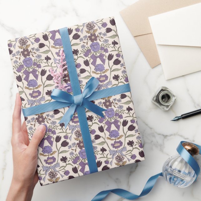 Purple Bows and Blossoms Pattern Wrapping Paper (Gifting)
