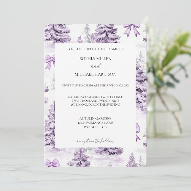 Purple Bows Christmas Trees Wedding Invitation (Standing Front)