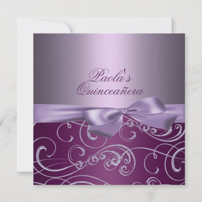 Purple Bows & Swirl Quinceañera Invitation (Devant)