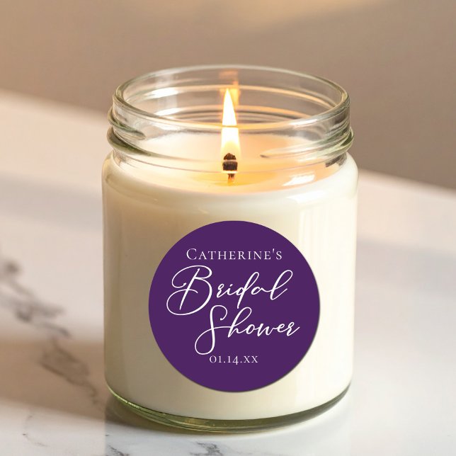 Purple Bridal Shower Personalized White Script Classic Round Sticker (Creator Uploaded)