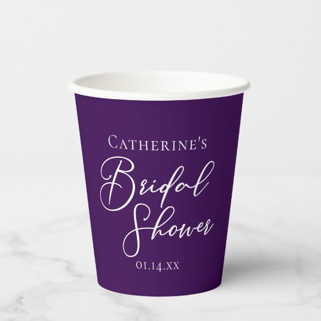 Purple Bridal Shower Personalized White Script Paper Cups (Front)