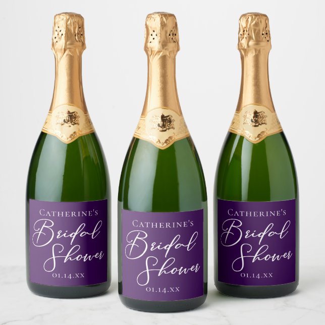 Purple Bridal Shower Personalized White Script Sparkling Wine Label (Bottles)