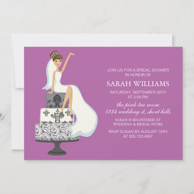 Purple Bride on Wedding Cake Invitation (Front)