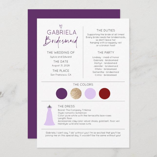 Purple Bridesmaid Proposal & Information (Front/Back)