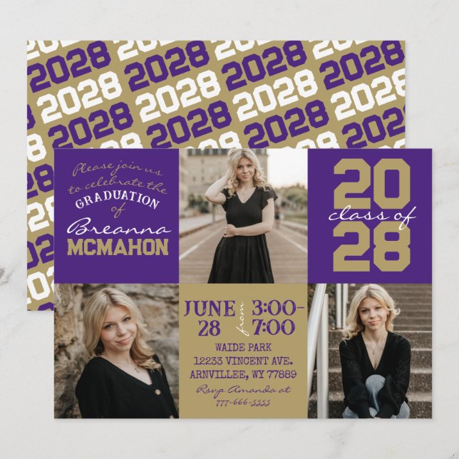 Purple & Bronze Gold 3 Photo Graduation Invitation (Front/Back)