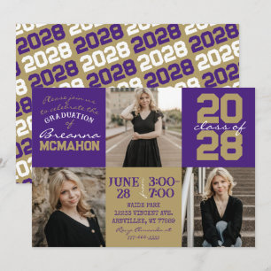 Purple & Bronze Gold 3 Photo Graduation Invitation