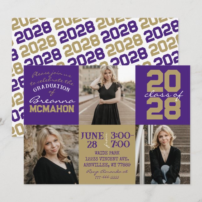 Purple & Bronze Gold 3 Photo Graduation Invitation (Front/Back)