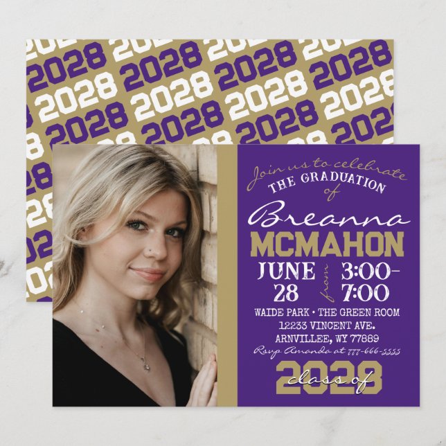 Purple & Bronze Gold Graduation Photo Invitation (Front/Back)