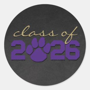 Purple & Bronze Pawprint Chalkboard Graduation Classic Round Sticker