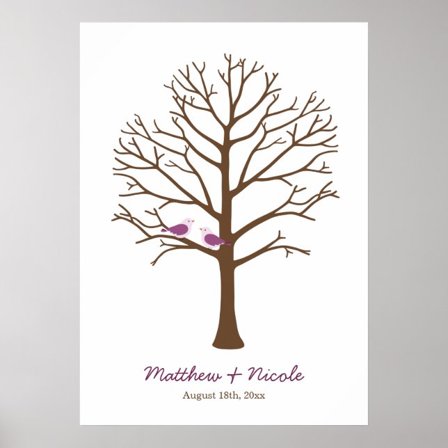 Purple Brown Birds Fingerprint Tree Wedding Poster (Front)
