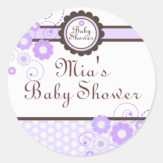 Purple & Brown Floral Design Baby Shower Sticker (Front)