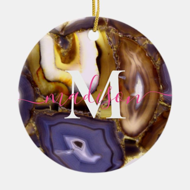 Purple Brown White Agate stone pattern monogram Ceramic Ornament (Front)