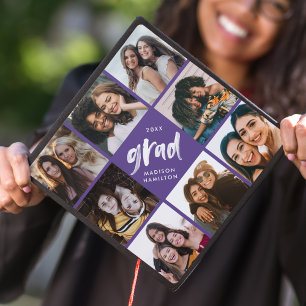 Purple   Brush Script Grad 8 Photo Collage Graduation Cap Topper