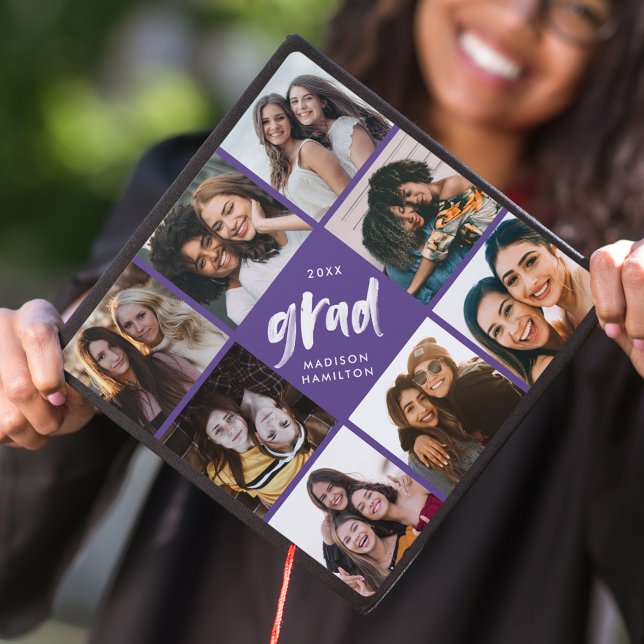 Purple | Brush Script Grad 8 Photo Collage Graduation Cap Topper (Creator Uploaded)
