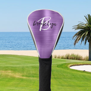 Purple Brushed Metal Black White Script Monogram  Golf Head Cover