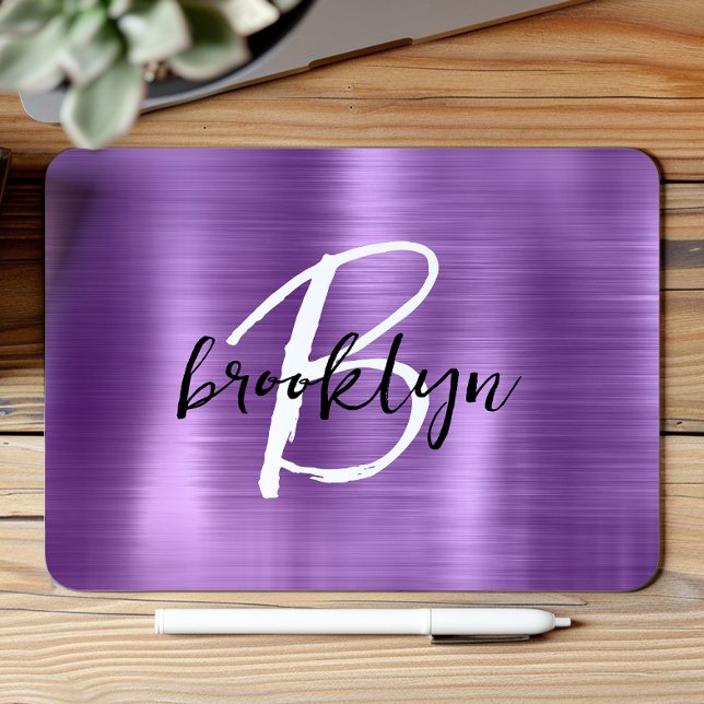 Purple Brushed Metal Black White Script Monogram  Mouse Pad (Creator Uploaded)