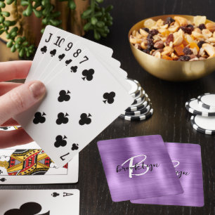 Purple Brushed Metal Black White Script Monogram  Playing Cards