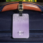 Purple Brushed Metal Glitter Monogram Script  Luggage Tag<br><div class="desc">Personalize this luggage tag with your monogram name. Background is a purple brushed metal with silver leopard glitter. Monogram name on the front in script font and address and phone number on the back. Designed for you by Blackberry Boulevard.</div>
