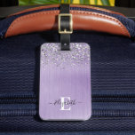 Purple Brushed Metal Glitter Monogram Script  Luggage Tag<br><div class="desc">Personalize this luggage tag with your monogram name. Background is a purple brushed metal with silver leopard glitter. Monogram name on the front in script font and address and phone number on the back. Designed for you by Blackberry Boulevard.</div>