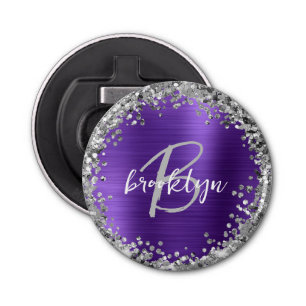 Purple Brushed Metal Silver Glitter Monogram  Bottle Opener