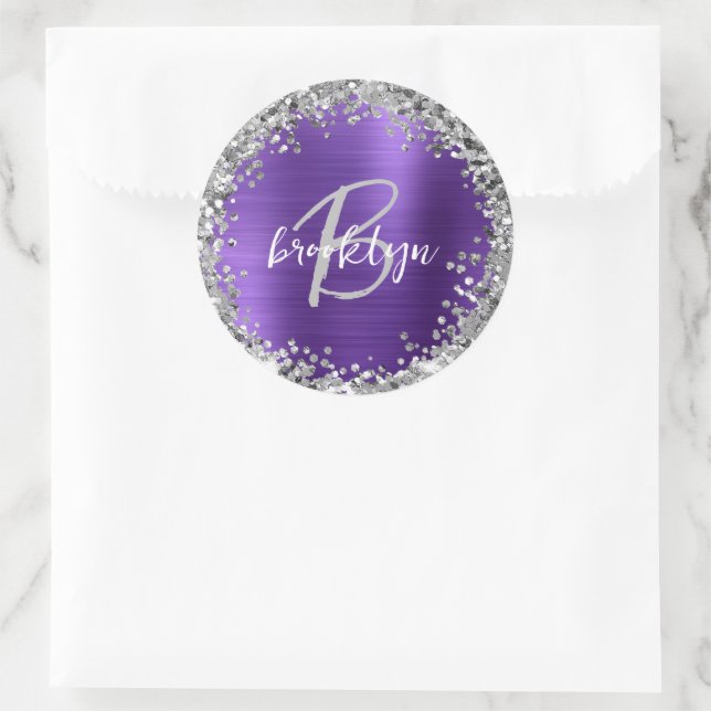 Purple Brushed Metal Silver Glitter Monogram  Classic Round Sticker (Bag)
