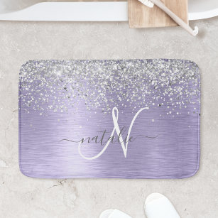 Purple Brushed Metal Silver Glitter Monogram Name Bath Mat