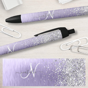 Purple Brushed Metal Silver Glitter Monogram Name Black Ink Pen