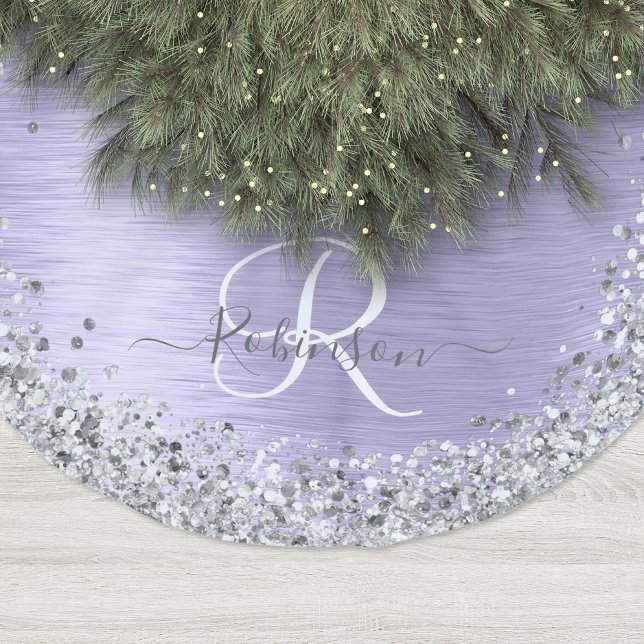 Purple Brushed Metal Silver Glitter Monogram Name Brushed Polyester Tree Skirt (Creator Uploaded)