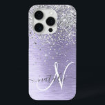 Purple Brushed Metal Silver Glitter Monogram Name iPhone 15 Pro Case<br><div class="desc">Easily personalize this trendy chic phone case design featuring pretty silver sparkling glitter on a purple brushed metallic background.</div>