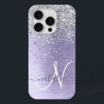 Purple Brushed Metal Silver Glitter Monogram Name iPhone 15 Pro Case<br><div class="desc">Easily personalize this trendy chic phone case design featuring pretty silver sparkling glitter on a purple brushed metallic background.</div>